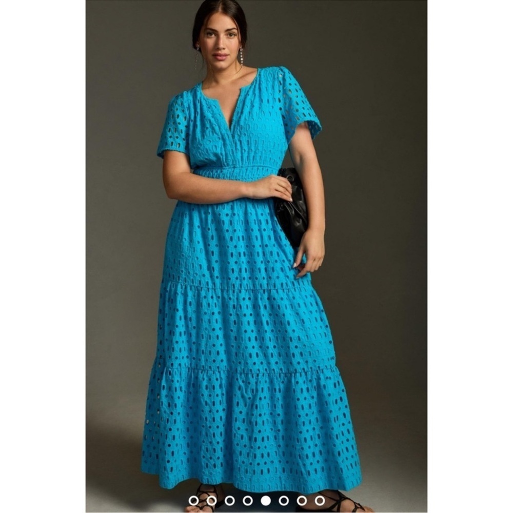 Anthropologie Somerset Blue Eyelet Maxi Dress XS Smocked Tiered Summer Vacations